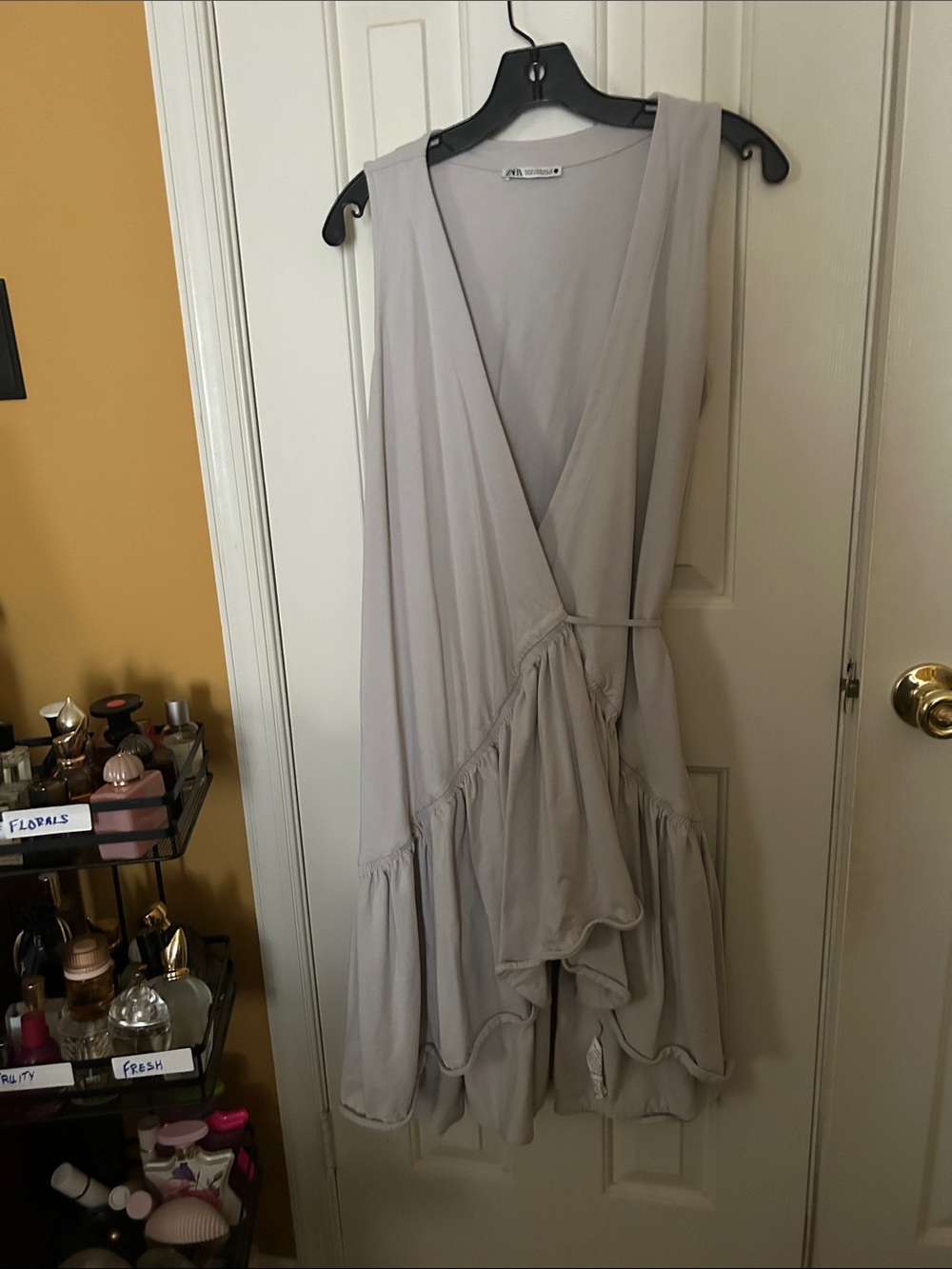 Zara Light Gray Asymmetrical Ruffle Wrap Dress with V-Neck